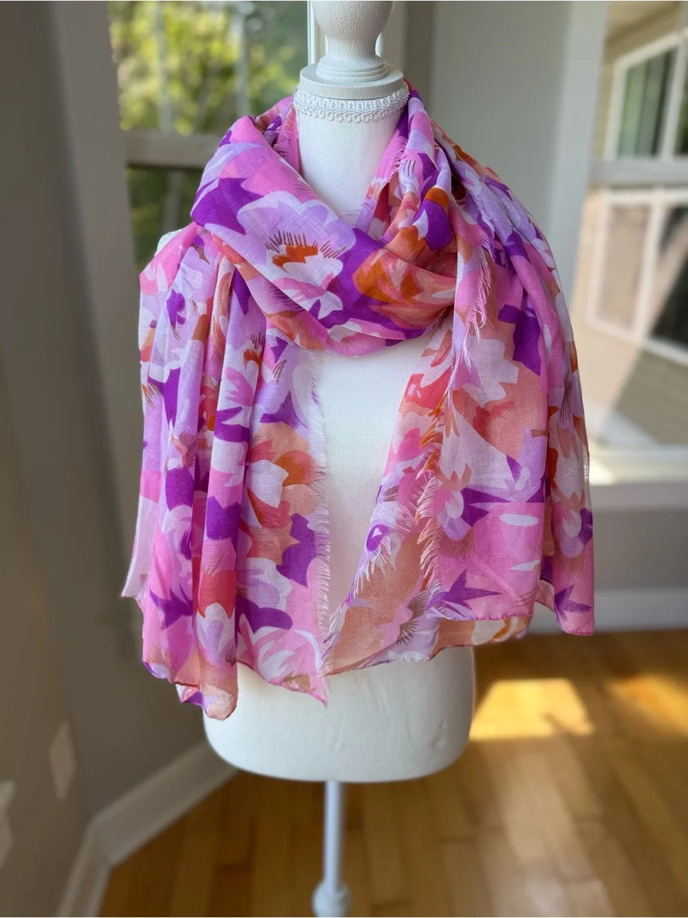Vintage Pink & Purple Floral Scarf with Coral Accents and Fringe